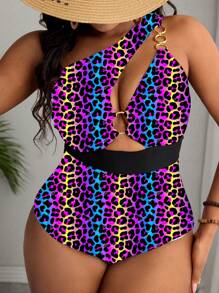 Slaydiva Plus Size Women Leopard Print Asymmetric Shoulder Metallic Accent Sexy One-Piece Swimsuit Swimwear For Summer Beach Vacation - Multicolor - View 3
