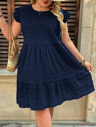 SHEIN VCAY Vestido casual de manga corta con cuello redondo de unicolor, adecuado para el verano, talla grande