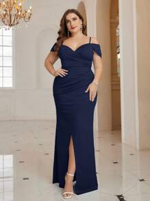 SHEIN Belle 大码伴娘服美人鱼交叉前开衩下摆派对礼服、婚礼宾客礼服、正式礼服、晚礼服、长袍 - 藏蓝色 - 查看 4