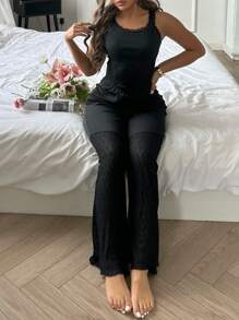 Lace Patchwork Camisole & Romper Women Pajama Set - Black - View 5