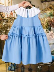 Tween Mädchen Lässig Süß Frühling Tween Mädchen Hellblau Geeignet für Ausflüge Reisen Polokragen Floral Dekor Rüschensaum Kleid - Blau - Übersicht 2