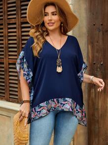 EMERY ROSE Plus Size V-Neck Patchwork Batwing Sleeve Casual Vacation Paisley Print Blouse,Vacation Summer Office Wear, Vacation, Summer Festival Boho,Holiday,Western Wear - Navy Blue - View 1