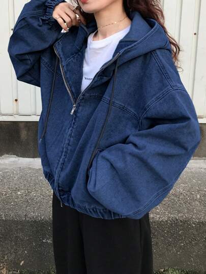 FRIFUL 女式秋季长袖拉链连帽抽绳牛仔夹克，返校服装