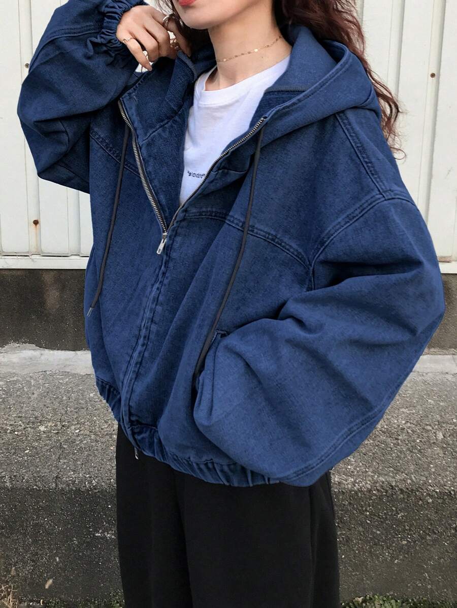 FRIFUL 女式秋季长袖拉链连帽抽绳牛仔夹克，返校服装 - 藍色 - 查看 1