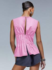 Athîral 女式百褶腰圆领无袖上衣 - 粉色 - 查看 2