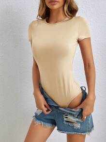 SHEIN Tall Body casual de mujer de color liso, cuello redondo y manga corta - Albaricoque - Ver 4