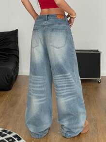 SHEIN Coolane Quần Jeans Ống Rộng Giặt Sạch Đi Chơi Đường Phố Mùa Hè Cho Nữ - Rửa nhẹ - Xem 2