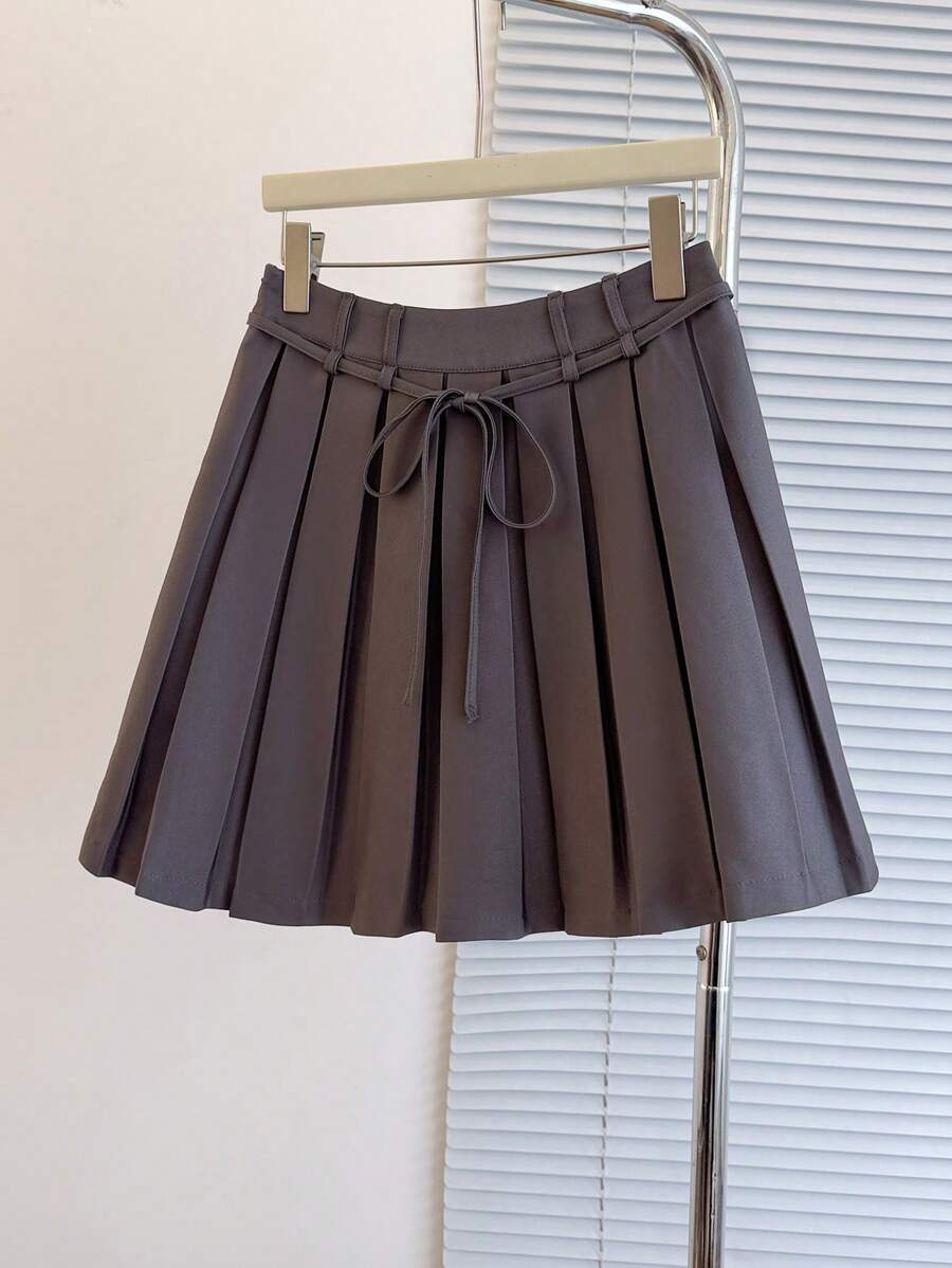 SHEIN LUNE Váy mini xếp ly siêu ngắn cho nữ, thường ngày đi học, đi làm và đi nghỉ - Màu xám đen - Xem 1