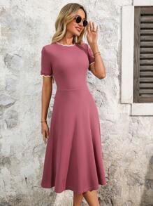 EMERY ROSE Women's Mid-Length Solid Color Dress With Short Sleeves, Simple & Fashionable, Suitable For Summer - Purple - View 1