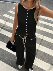 Serisse Bộ 2 áo ba lỗ và quần dài họa tiết khối màu đi làm thường ngày cho nữ - màu đen - Xem 4