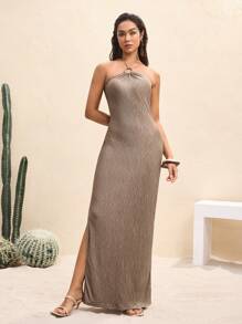 BY FELIZIA Brown Strapless Beaded Open Back High Slit Elegant Maxi Dress