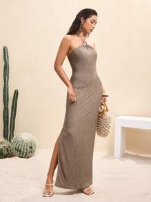 BY FELIZIA Brown Strapless Beaded Open Back High Slit Elegant Maxi Dress