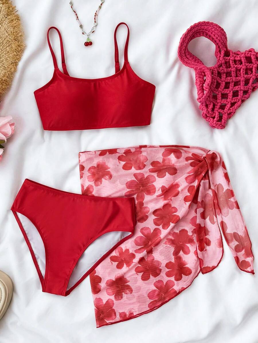 SHEIN Bộ 3 món cho bé gái tuổi teen, gồm áo bikini dệt kim màu trơn và chân váy mini in họa tiết hoa, trang phục đi nghỉ và đi biển - Đỏ - Xem 1
