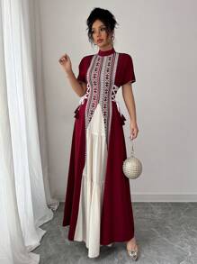 Rafferiza Women's Elegant Patchwork Floral Belted Waist Cinch Midi Dress - Burgundy - View 7