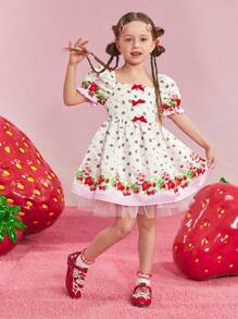 Strawberry Shortcake X SHEIN Vestido corto de manga corta blanco con estampado de flores y fresas, dulce y con diseño de dibujos animados, para niñas jóvenes - Blanco - Ver 7