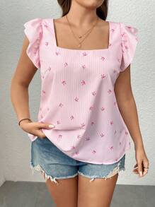 SHEIN Unity Plus Size Women Striped Bowknot Print Square Collar Ruffle Sleeve Blouse - Pink - View 3
