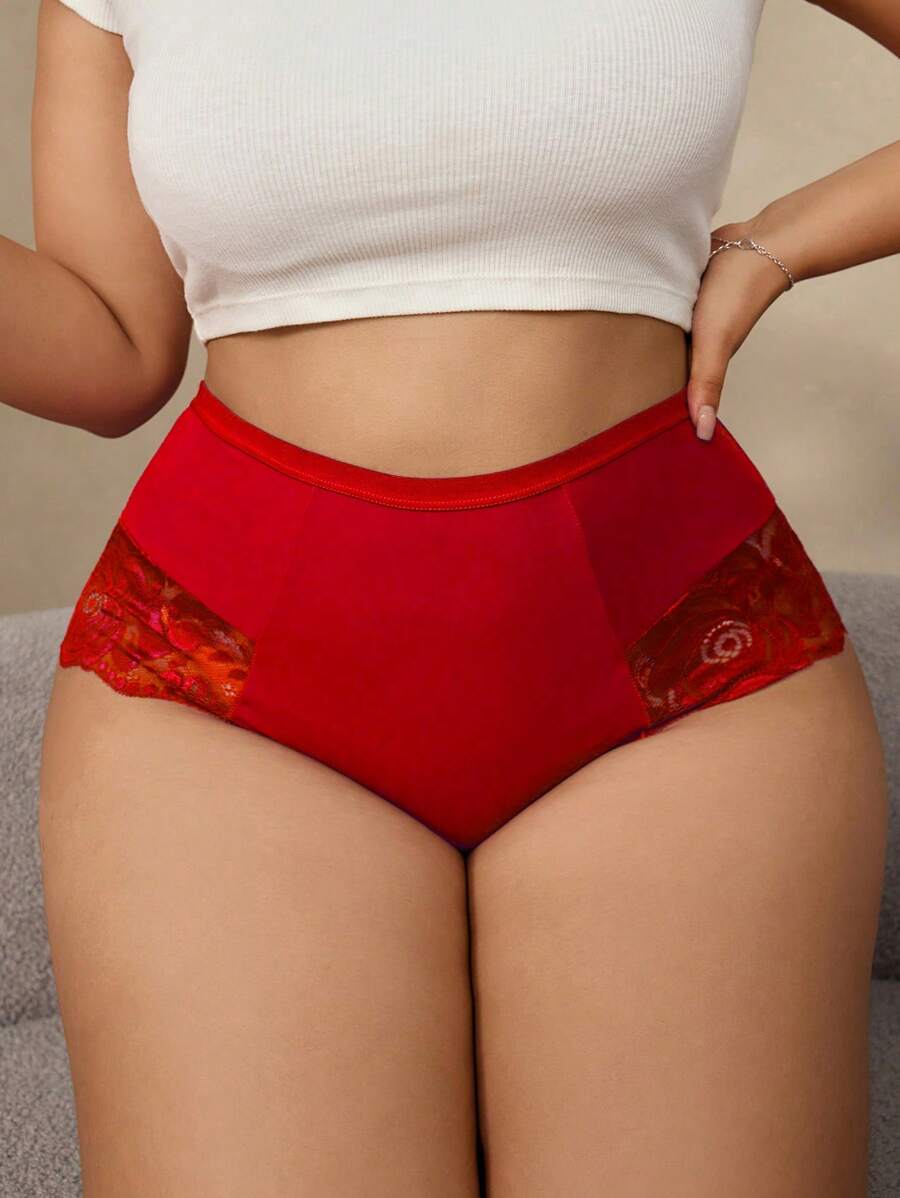 Seduluxe 1pc Plus Size Lace Patchwork Briefs, Simple & Fashionable, Suitable For Summer