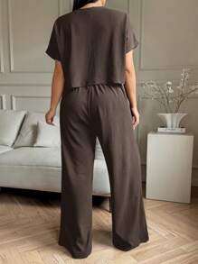 Solflare 大码纯色圆领短袖上衣和长裤休闲度假清凉感两件套，夏季/春季女装，春假