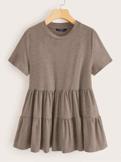 SHEIN LUNE Plus Size Women Solid Color Round Neck Short Sleeve Ruffle Hem Casual T-Shirt