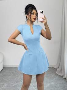 Chiquease 女士缺口领纯色修身休闲夏季短袖连衣裙