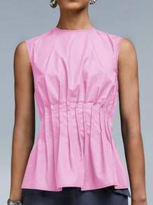 Athîral 女式百褶腰圆领无袖上衣 - 粉色 - 查看 4