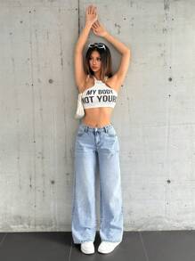 SHEIN EZwear Women Casual Distressed Straight Leg Jeans - Blue - View 5