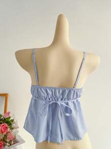 Elamini 蓝白条纹 V 领收腰蝴蝶结荷叶边吊带背心，女士休闲甜美假日旅行日常装，春夏 - 藍色 - 查看 2