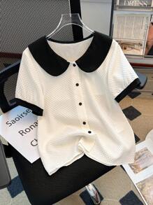 Franclia Contrast Color Block Peter Pan Collar Casual Commuter Minimalist Style Women's Shirt, Spring/Summer - White - View 1