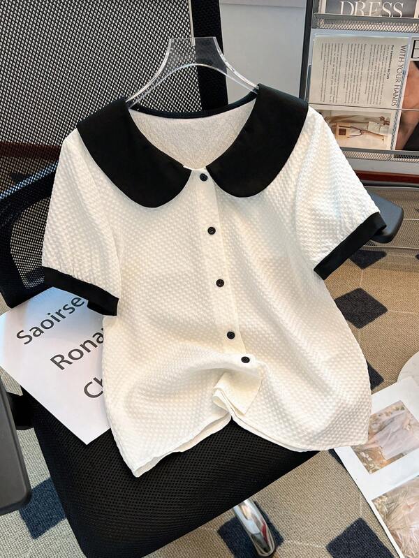 Franclia Contrast Color Block Peter Pan Collar Casual Commuter Minimalist Style Women's Shirt, Spring/Summer