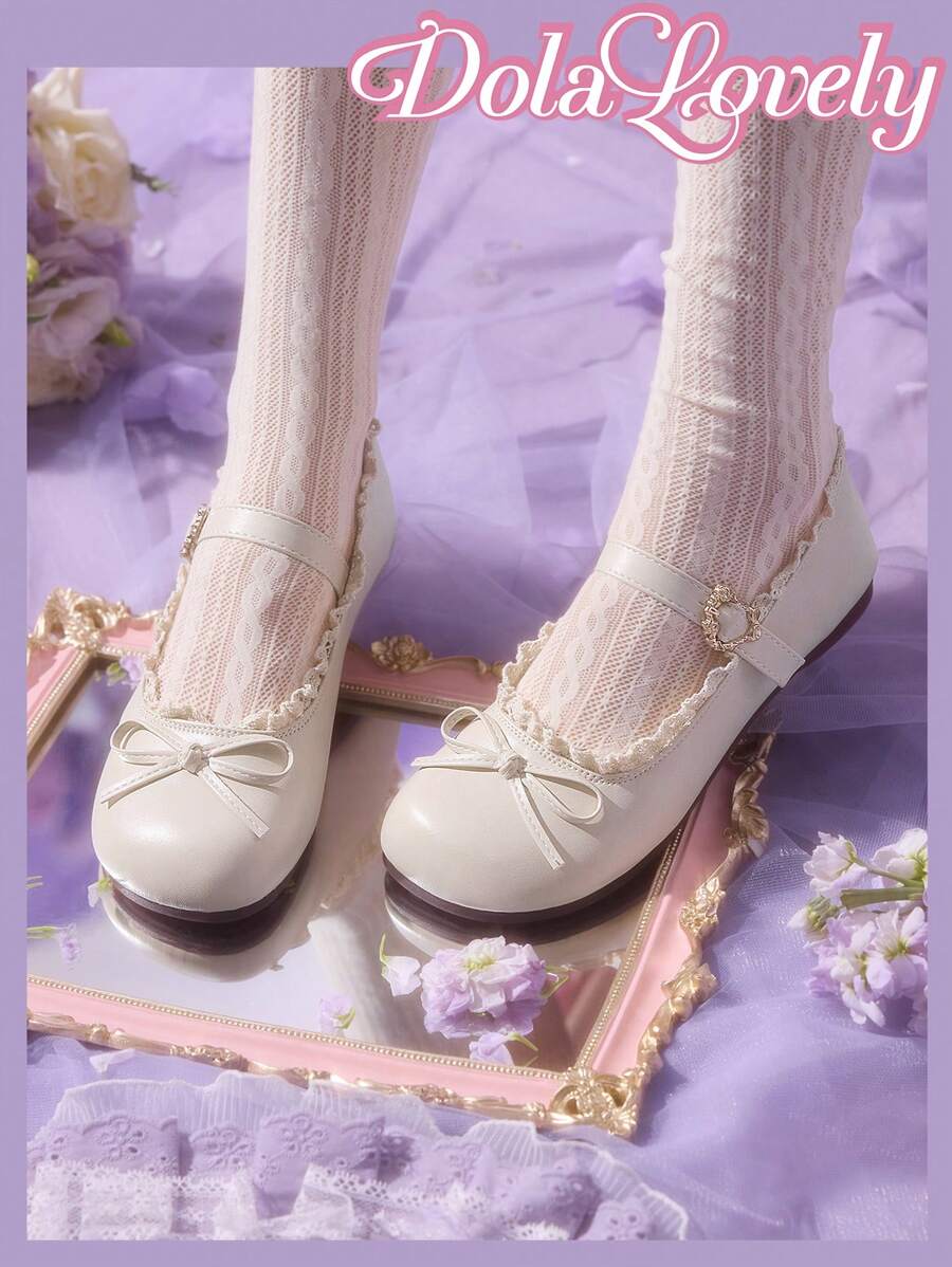 Dola Lovely 白色乐福鞋女式一脚蹬软底穆勒鞋,带蝴蝶结的蕾丝边系带乐福鞋,工作制服平底鞋 - 米色 - 查看 1
