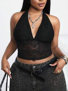 Dripcurv Áo ba lỗ đen cỡ lớn có ren, cổ chữ V gợi cảm - màu đen - Xem 3