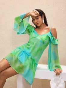 BY FELIZIA Women's Green Gradient Chiffon Printed Layered Ruffled Flared Long Sleeve Summer Resort Mini Dress - Multicolor - View 4