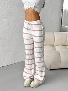 SHEIN EZwear 女式休闲条纹抽绳腰裤 - 藕粉色 - 查看 3