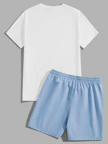 Manfinity RSRT Tropical Beach Blue Color Block Vacation Print Slim Fit Men's White Knit Shirt & Blue Woven Shorts Set - Multicolor - View 6