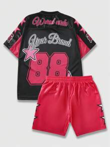 ROMWE MEN Prep 2pcs Men's Jersey V-Neck Letter Print Short Sleeve T-Shirt And Draw String Five-Pointed Star Print Shorts Set