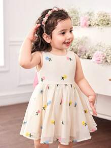 Babygirl Cute & Elegant Apricot Floral Print Organza Dress - Multicolor - View 4