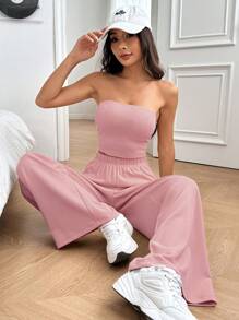 SHEIN EZwear Conjunto casual feminino de 2 peças, blusa e calça - Rosa - Ver 6