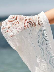 Swim Chiccia 2 件套女式仿钩针蕾丝短袖上衣和短裤家居服套装 - 白色 - 查看 6