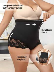 SHEIN Plus Size Women Lace Splice Shaping Tummy Control Pants - Black - View 1