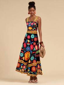 Travachic 女士两件套：印花短款吊带上衣和高腰半身裙，度假风格 - 黑色 - 查看 6