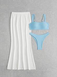 SHEIN Swim 3pcs Blue Wide Strap Bikini Set With White Mesh Beach Maxi Dress, Vacation Style Women Swimsuit For Summer - Blue and White - View 3