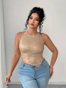 Elenzga Áo dự tiệc/club lấp lánh, bất đối xứng, gợi cảm dành cho nữ cỡ lớn - Rượu sâm banh - Xem 1