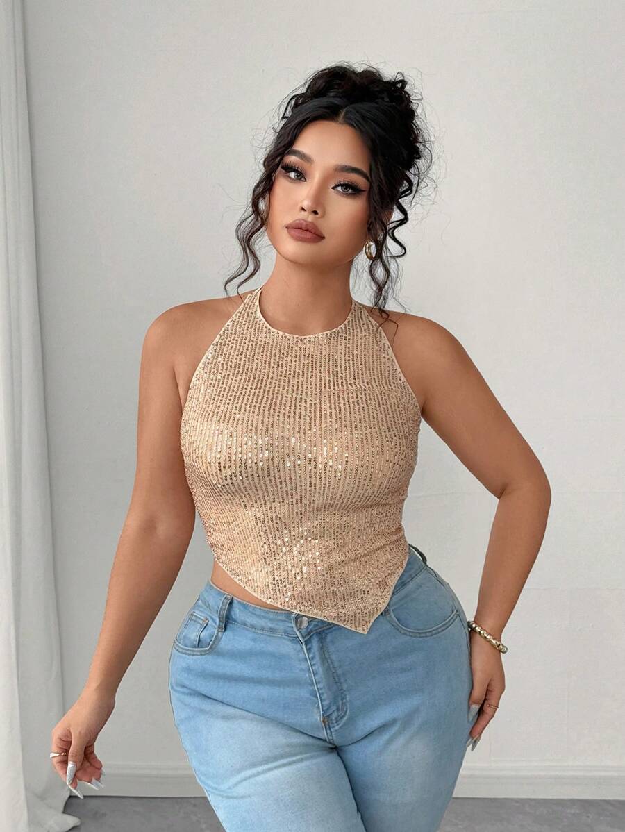 Elenzga Áo dự tiệc/club lấp lánh, bất đối xứng, gợi cảm dành cho nữ cỡ lớn - Rượu sâm banh - Xem 1