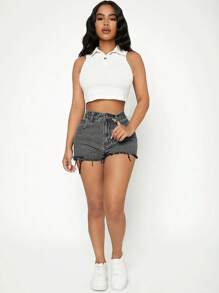 SHEIN PETITE High Rise Curve Denim Shorts In Black With Frayed Hem - Grey - View 3
