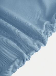 SHEIN Girlism Ribbed Knit One Shoulder Ruched Fitted Casual Solid T-Shirt For Teen Girl - Dusty Blue - View 4