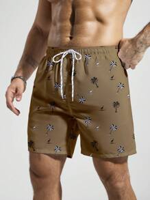 Manfinity Swimmode Men's Vacation Casual Coconut Tree Printed Beach Shorts (Print Randomly) - Coffee Brown - View 1