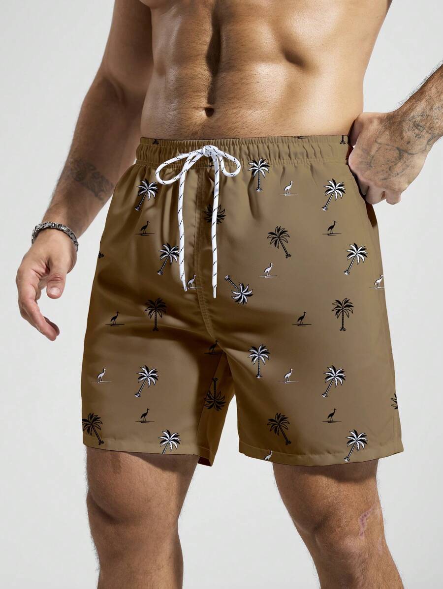 Manfinity Swimmode Men's Vacation Casual Coconut Tree Printed Beach Shorts (Print Randomly) - Coffee Brown - View 1