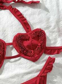 SHEIN Swim Mod Heart-Shaped Ruffle Halter Sexy Women 2 Pieces Swimsuit Set - Red - View 3