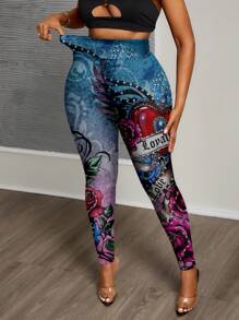 Slaydiva 大码复古纹身心形印花休闲紧身裤