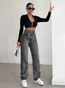 EURMUSE 100%Cotton Solid Color Straight Leg Jeans - Light Grey - View 3